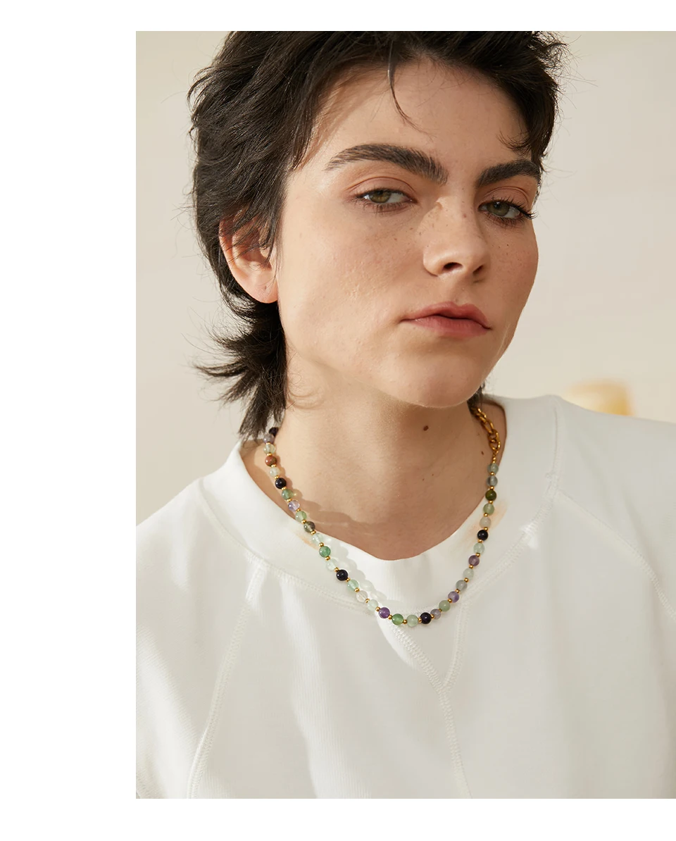 Yhpup Wasserdichte, stilvolle, bunte Natursteinperlenkette, Edelstahl-Halskette für Frauen, exquisiter handgefertigter Schmuck, neu – Detail 6