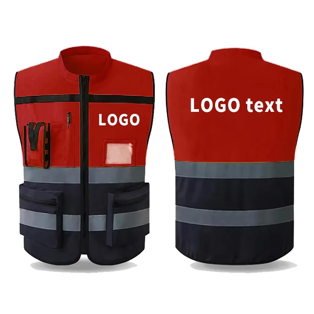 Benutzerdefinierte Logo-Sicherheitswesten mit Taschen und Reißverschluss, Arbeitskleidung für den Bau, gut sichtbare Sicherheitskleidung