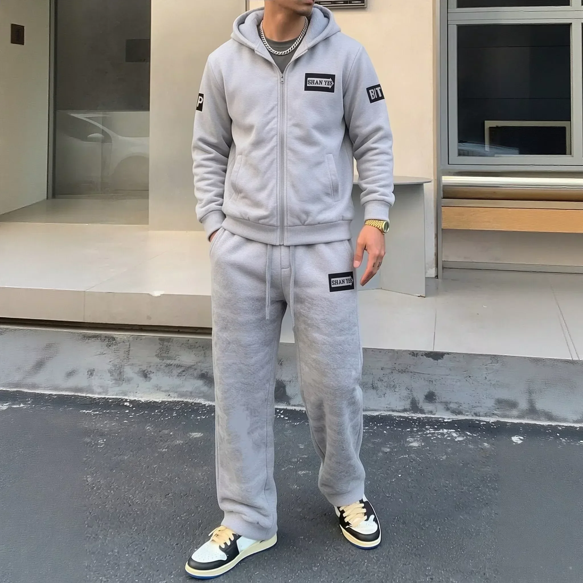 Winter Thick Fleece Lined Tracksuit Sets Man 2PCS Hooded Zipper Sweatshirt Drawstring Pants Suit 2 Pieces Sportswear Outfit Set
