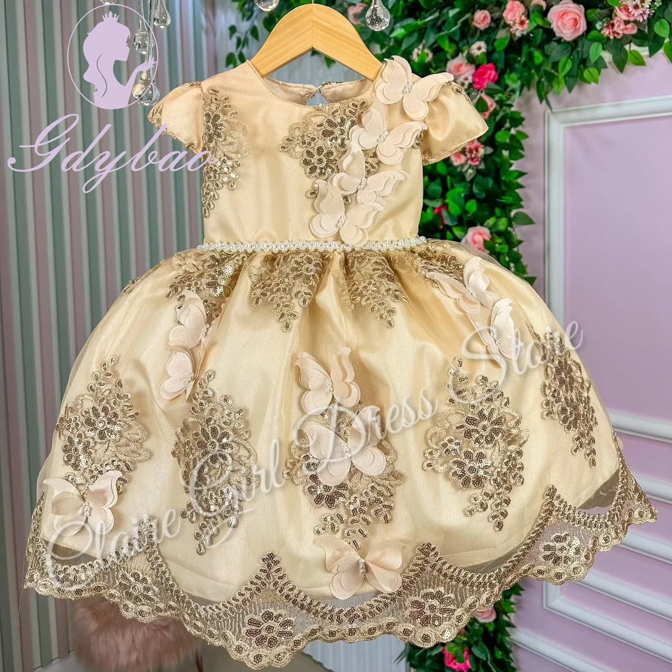 Personalizado Elegante Flor Menina Vestidos Para Apliques De Casamento Borboletas Com Arco Kids Birthday Party Primeira Comunhão Vestido