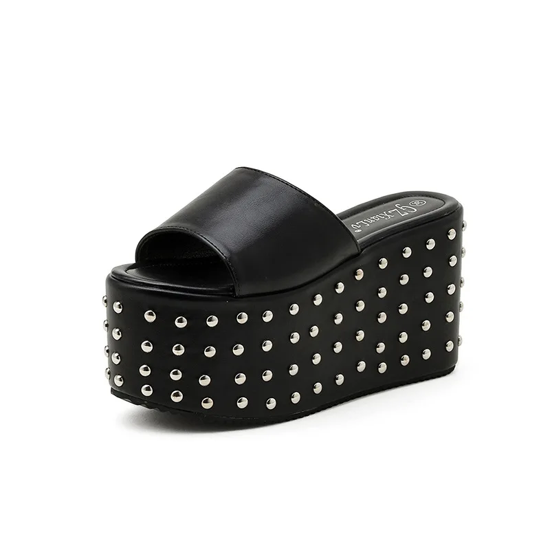 Studded Women\'s Platform Sandals High Heels Wedge Open Toe Slip On Backless Mules Summer Slippers Shoes Big Size