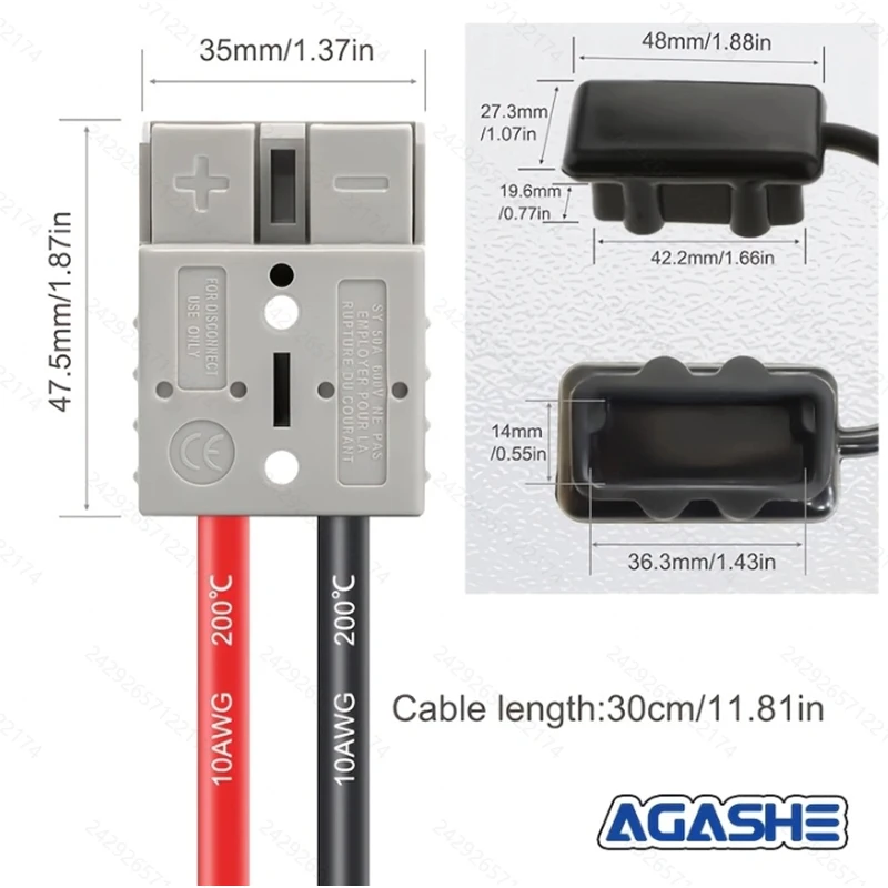 AGASHE 50A Battery Quick Connect/Disconnect Connector with Dust Caps, 1-to-2  Plug Double Y Adaptor, 10AWG Splitter Cabl