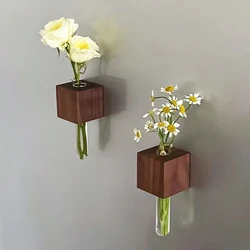 Refrigerator Magnet Glass Test Tube Flower Vase Pot Fridge Magnet Wooden Hydroponic Arrange Flowers Vases Home Decor