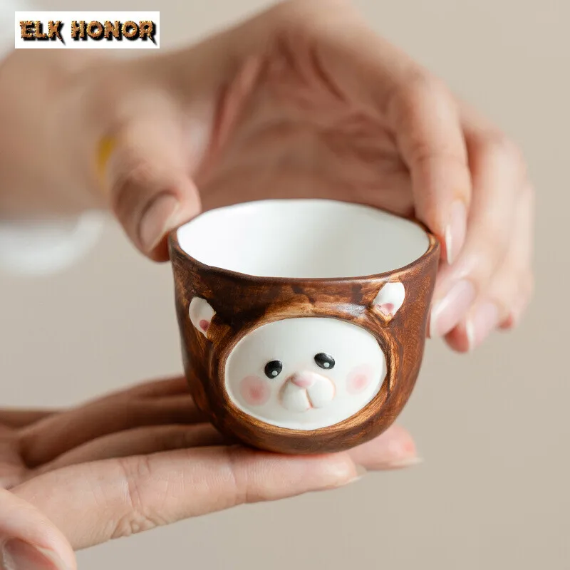 55ml Pure Hand Painted Winnie Bear Handheld Cup Personal Master Cup Ceramic Fresh Mug Personal Puer Tea Bowl Meditation Cup Gift