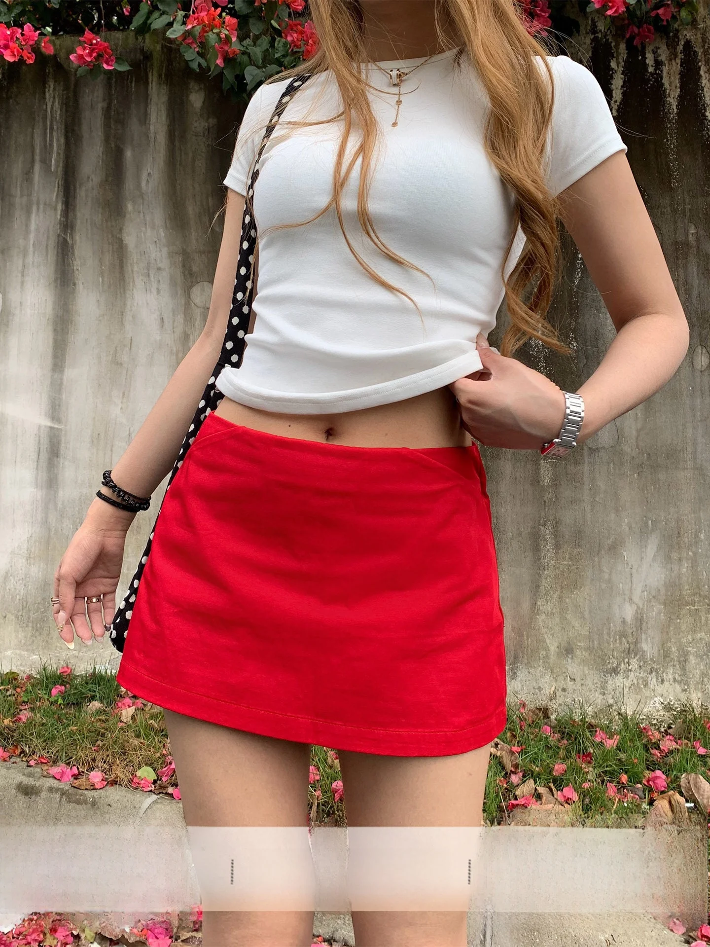 

Sexy Red A-Line Skirt for Women Spring Summer Casual Cotton Blend Slimming Midi Skirt with Inner mid Waist Design