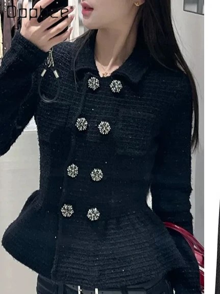 

French Socialite Light Luxury Double-Breasted Sequin Slimming Black Wool Coat Women Elegant Fashion Versatile Fashion Jacket