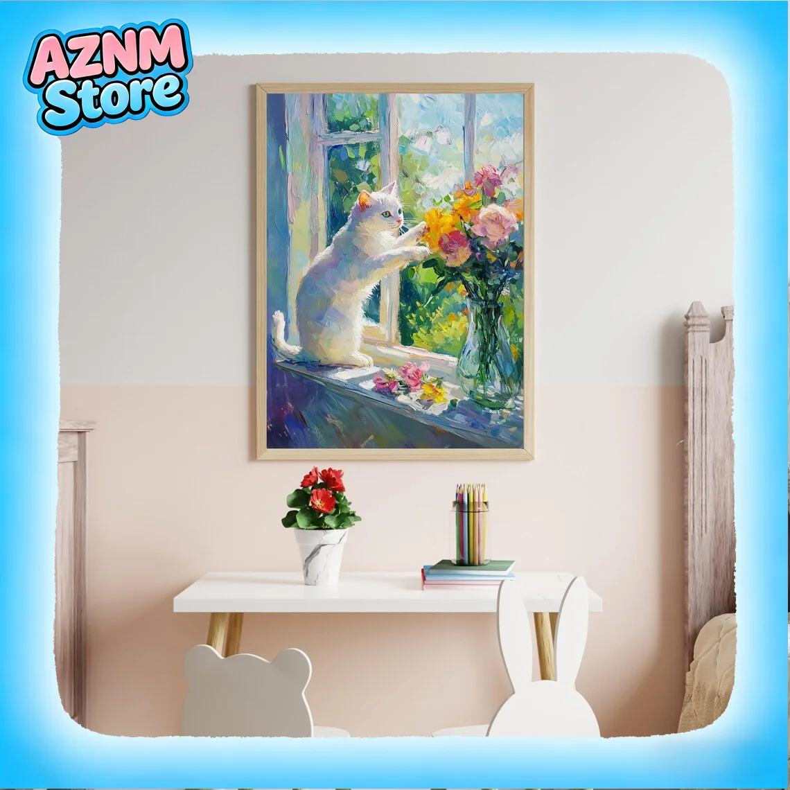 2026 White Cat with Flowers Impasto Wall Print Decor - Vibrant Palette Knife Oil Painting of a White Cat Reaching for a Bouquet