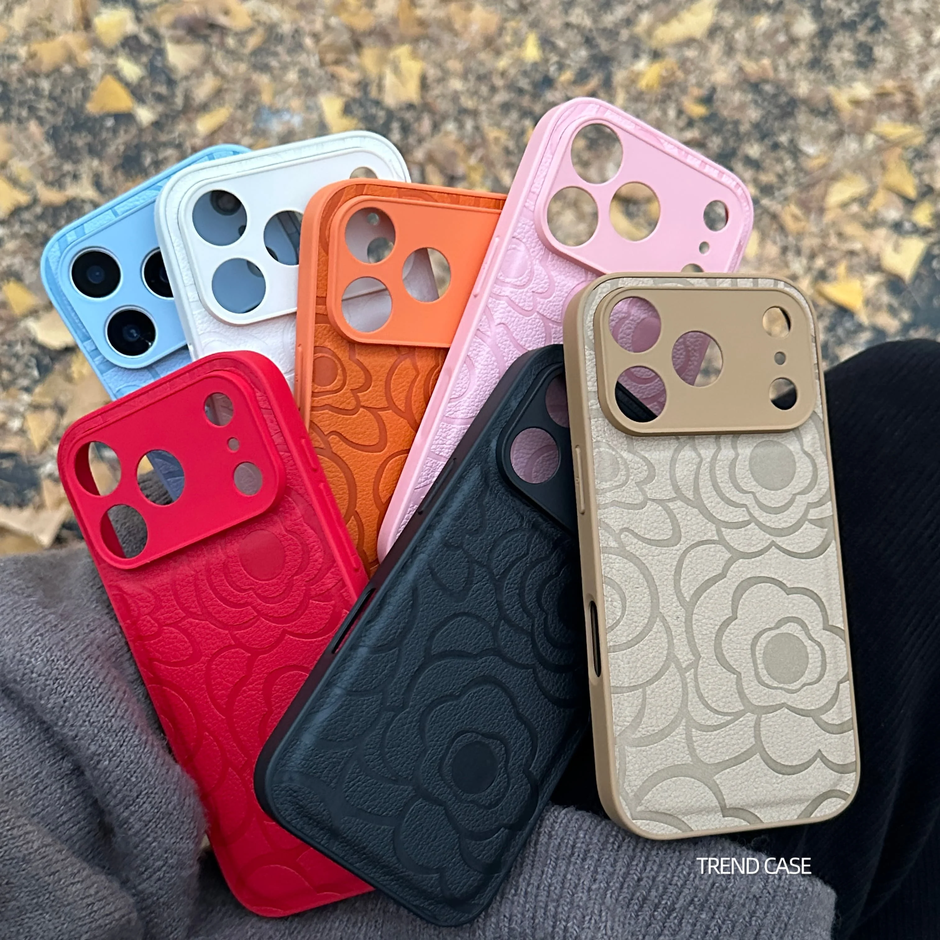 

Luxury Camellia Flower Leather Texture Phone Case For iPhone 17 16 15 14 13 12 11 Pro Max 17 Air 17Promax Shockproof Cover