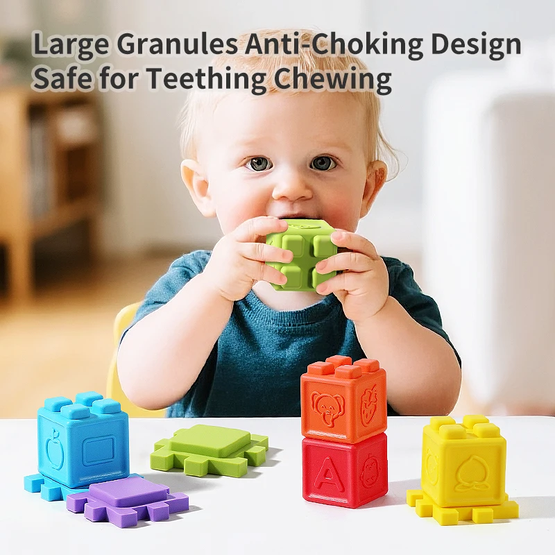 12/6개 아기 실리콘 블록 조기 학습 장난감 유아용 스퀴즈 스태커 큐브 블록 치아발육기 아기 목욕 장난감