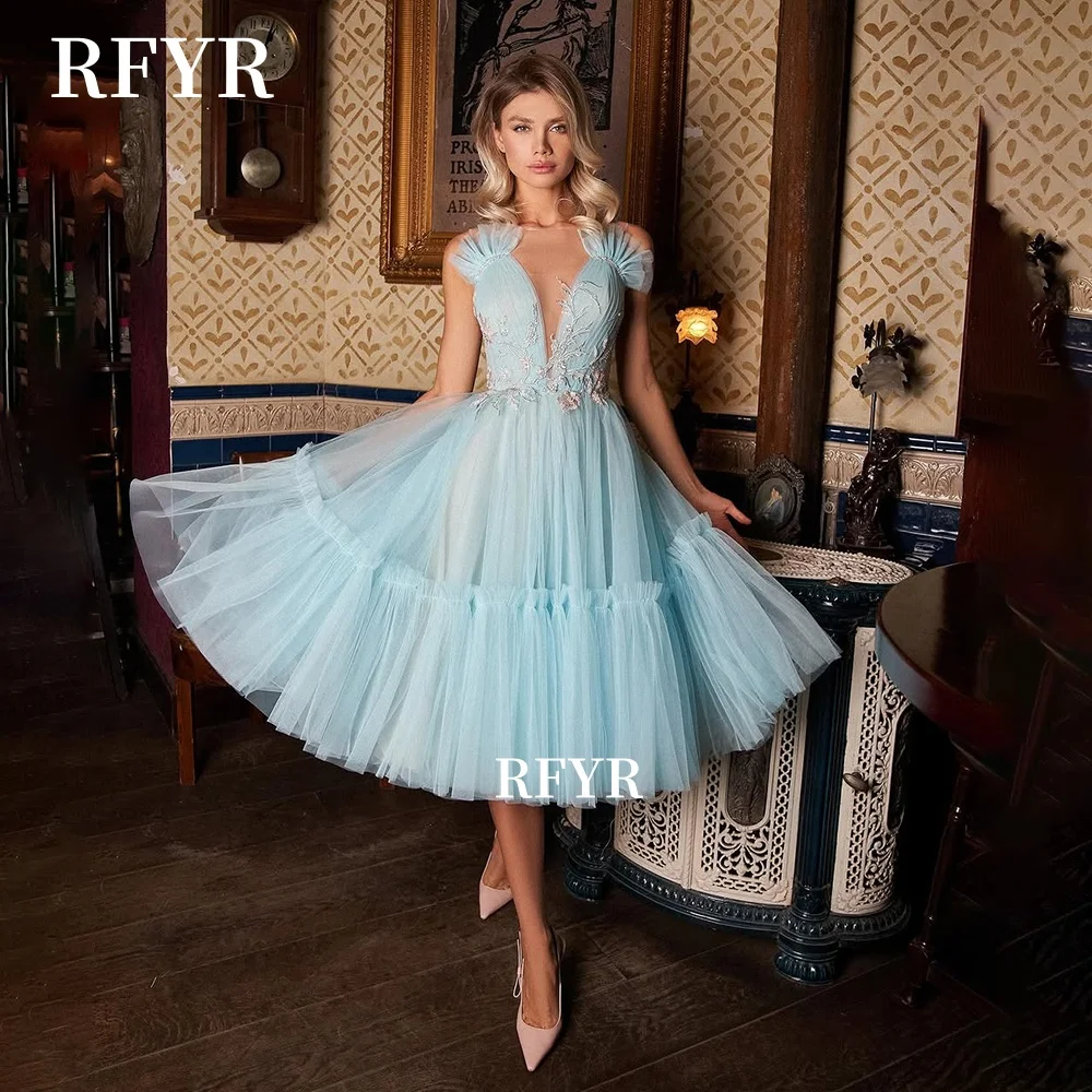 

RFYR A Line Вечернее платье Сексуальное платье для выпускного вечера с v-образным вырезом и кружевными вечерними платьями Принцесса Чайная длина Платье знаменитости платья по индивидуальному заказу