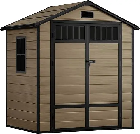 Resin Storage Shed 6x4.4 with Fence-Style Design, Side Windows, Lockable Door, and Vents for Outdoor Spaces