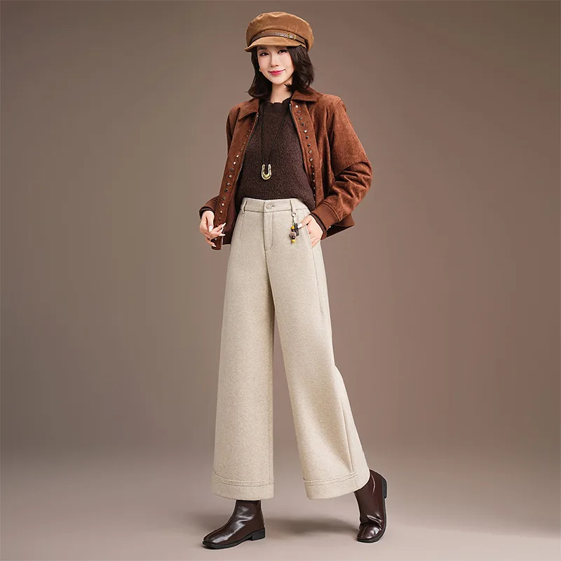 

Woolen Narrow Pants for Women, and Winter Thickened Draped Loose Fit, Straight-Leg Pants for Middle-Aged Moms