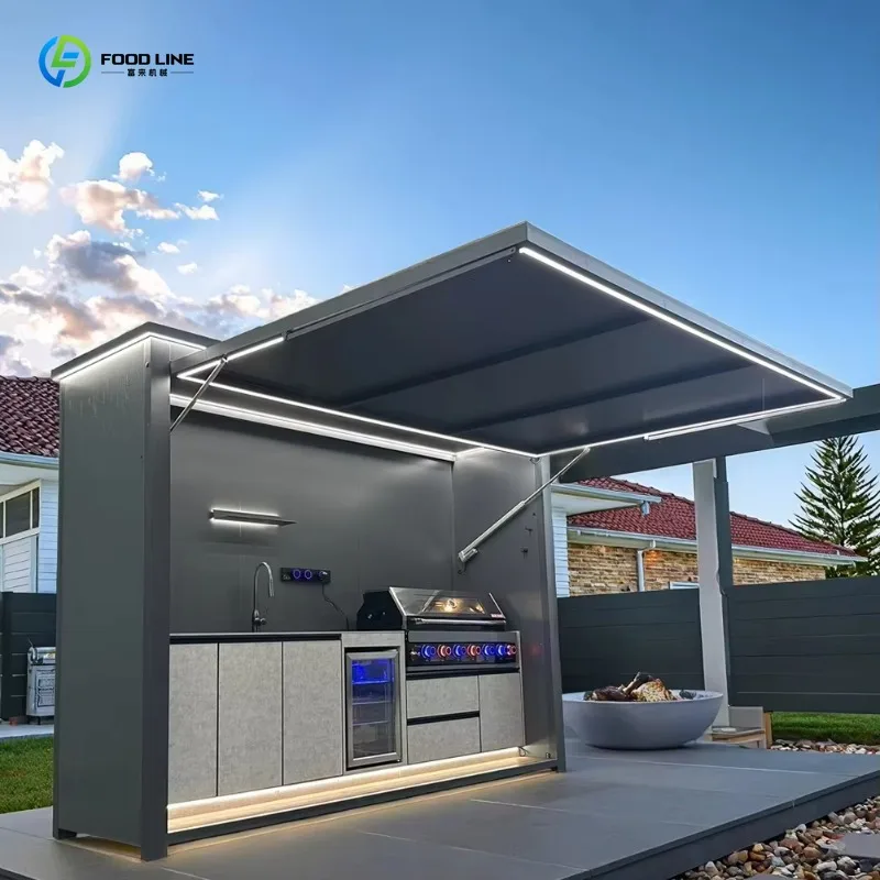 Customized customizable terrace style windproof outdoor barbecue house with cooler and sink for garden patio cooking