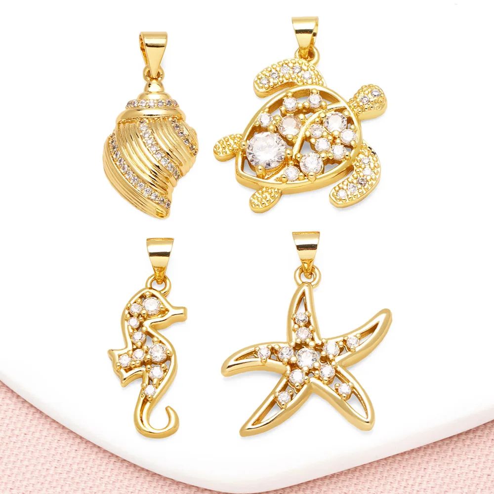 OCESRIO White Crystal Lucky Turtle Pendant for Necklace Copper Gold Plated Starfish Seahorse Jewelry Making Component pdta970