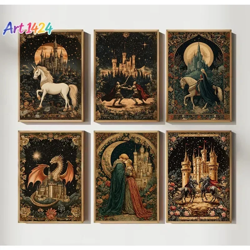 Vintage Renaissance Medieval Knight Epic Sword Fight Fantasy Castle Dragon Poster Canvas Painting Wall Art Pictures Home Deco
