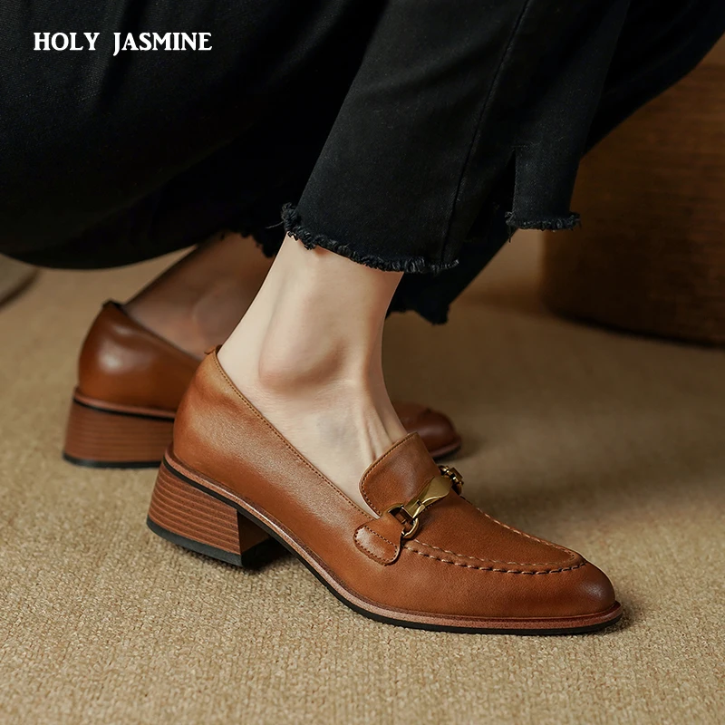 Basic Women Pumps Spring Summer High Heel Round Toe Buckle Genuine Leather Office Lady Working Loafers Shoes Woman 2024 New