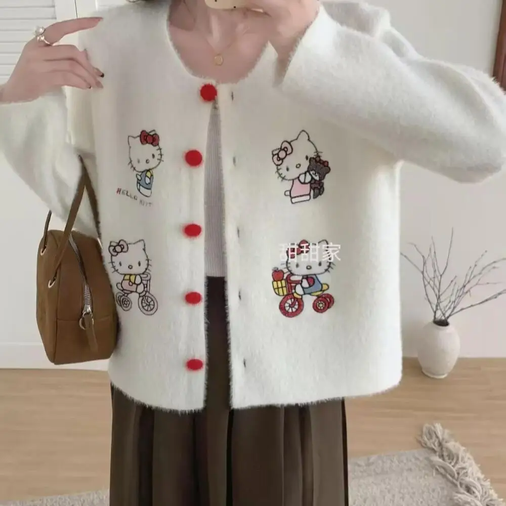 

Женский кардиган Sanrio Kawaii Hello Kitty, осенний свободный вязаный свитер с мультяшной вышивкой, мягкий свитер-пальто с аниме-принтом