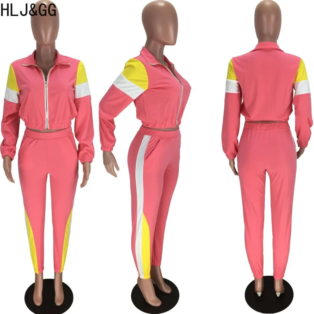 HLJ&GG Casual Color Patchwork Jogger Pants Tracksuits Women Zipper Long Sleeve Crop Top+Pants Two Piece Sets Female 2pcs Outfits