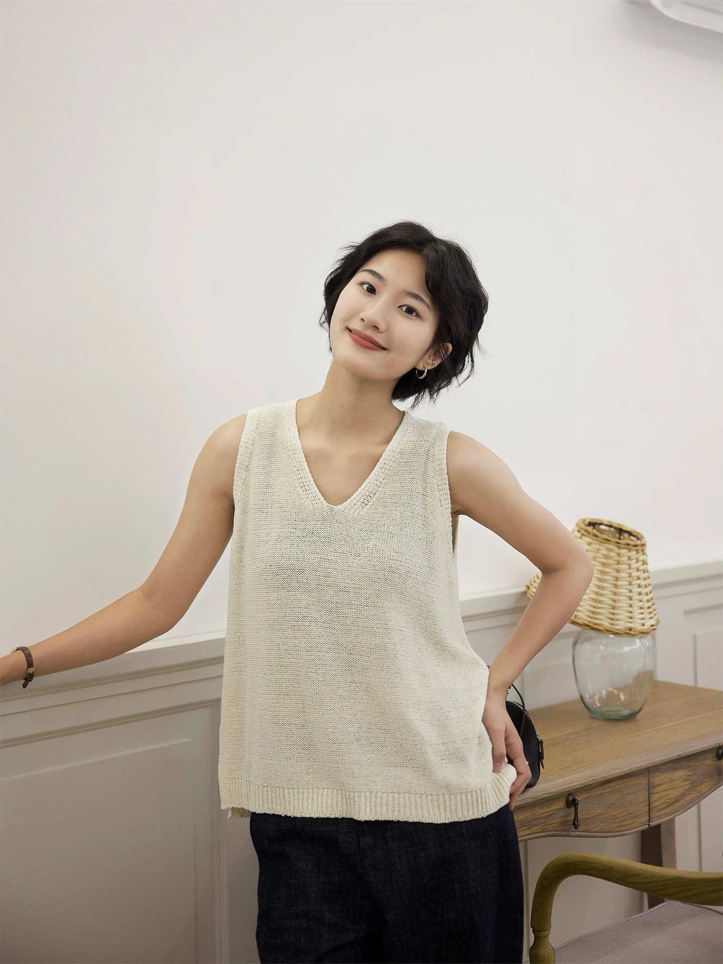 

Женский универсальный вязаный топ свободного кроя с круглым вырезом, повседневный базовый летний новый модный аксессуар для женщин