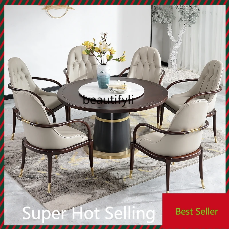 

G1218 G1218 New Chinese ebony dining table Solid wood round table with turntable Light luxury six-person dining table and chair