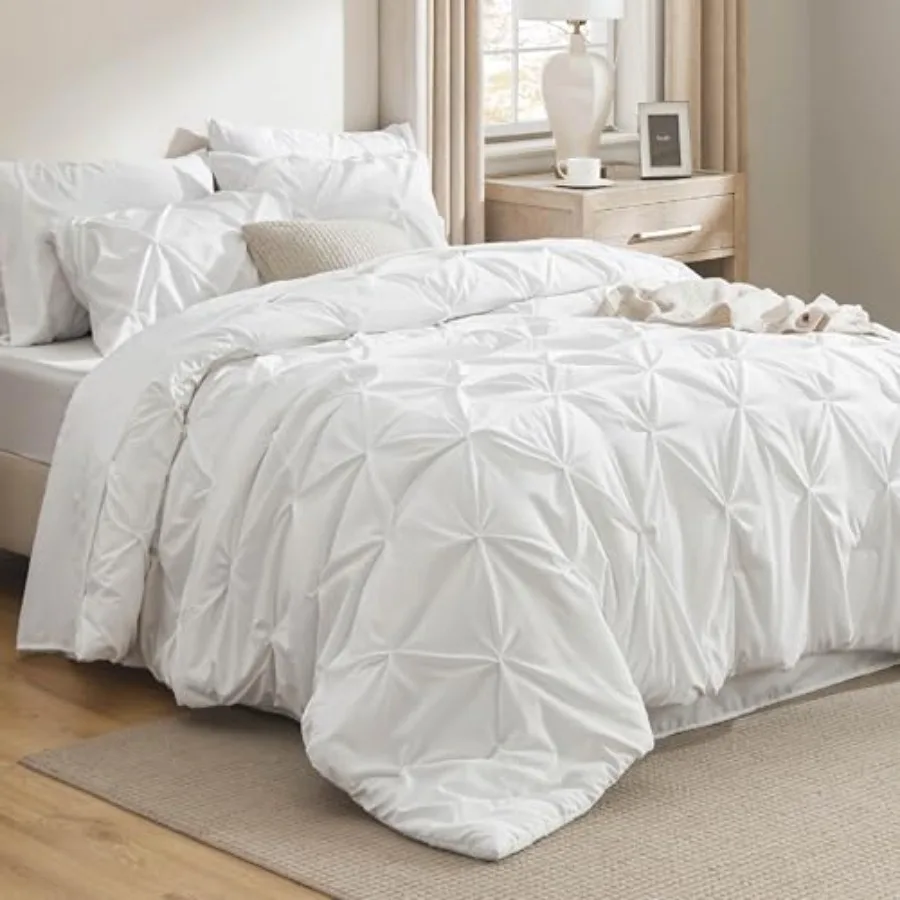 

Comforter Set White - Bed in a Bag Size Bedding 7 Pieces GentleSoft™ Pintuck Bed Set Gift for Family Pinch Pleat All Season Com