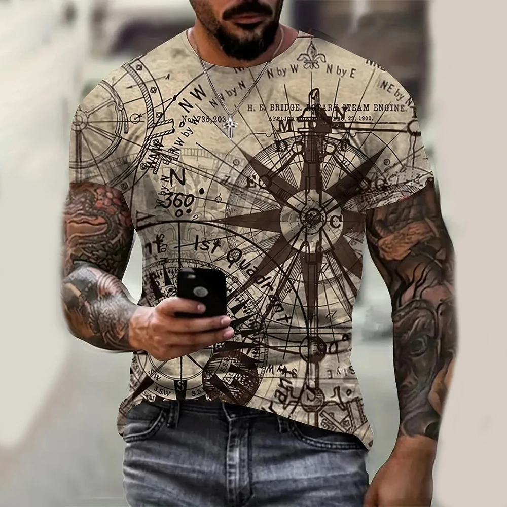 Summer Vintage Men\'s T Shirt Sailboat Compass 3d Print Casual Short Sleeve Tops Fashion Crew Neck Oversized Clothing Pullover