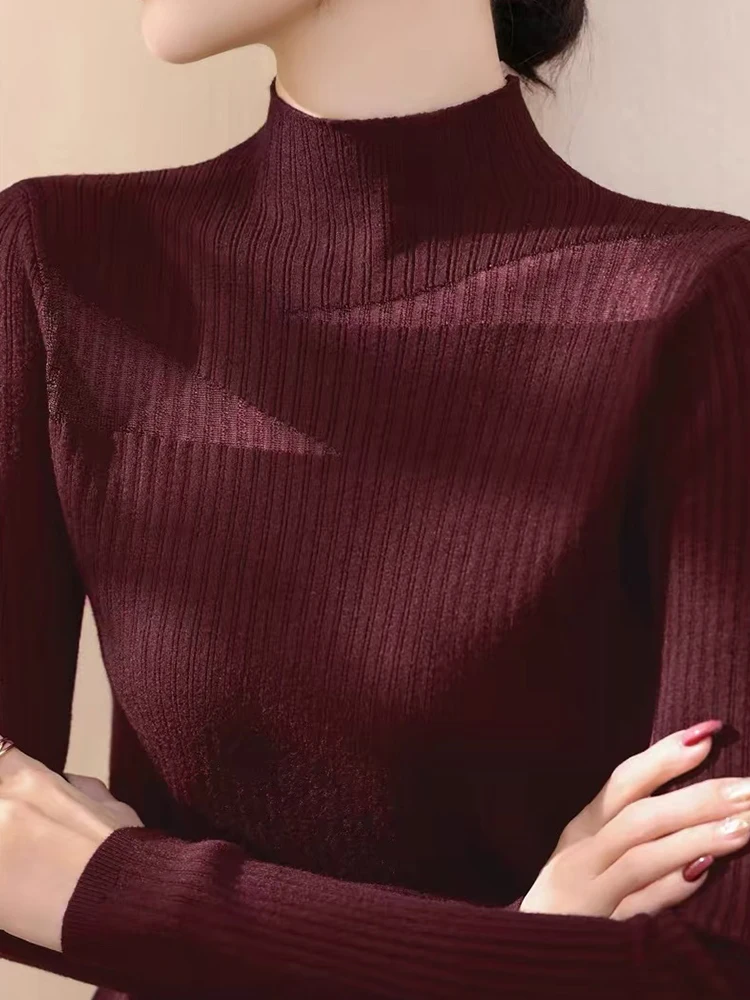 

Женский модный облегающий топ с высоким воротником и длинным рукавом, вязаный, в корейском стиле, для повседневной носки