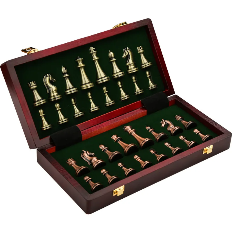 

Chess Metal Gift Box Set Wooden Folding Chessboard Model Room Ornament Chess Children Beginners