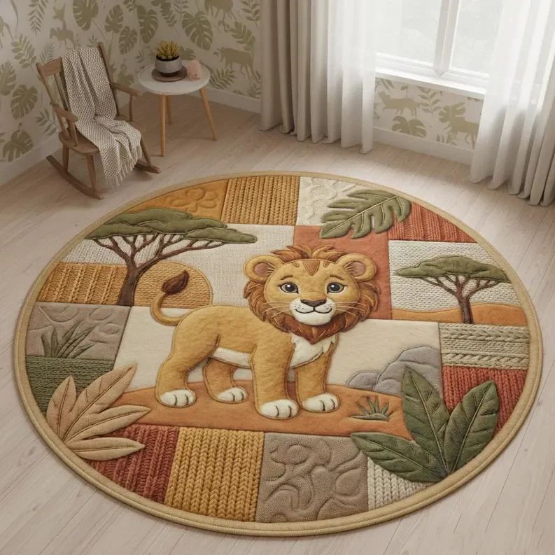 Cute Lion Elephant Woodland & Safari Animal Mat Nursery Round Rug Non Slip Floor Carpet Home Decoration Rugs