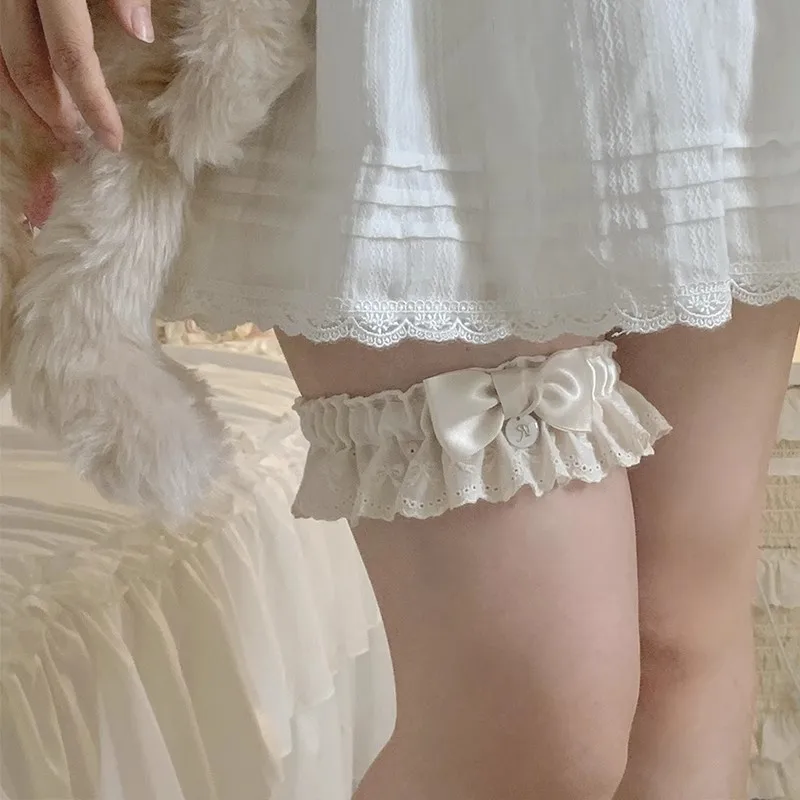 Reggicalze elastiche Lolita eleganti da donna Cinghie per gambe dolci giapponesi Gotico increspato Fiocco estivo Decorazione per gambe in pizzo Regalo per ragazze