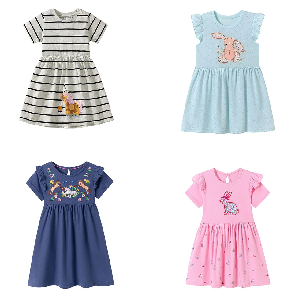 Jumping Meters  2-7 Years Clothes Summer Princess Baby Girls Dresses Animals Embroidery Party Birthday Kids Short Sleeve Frocks