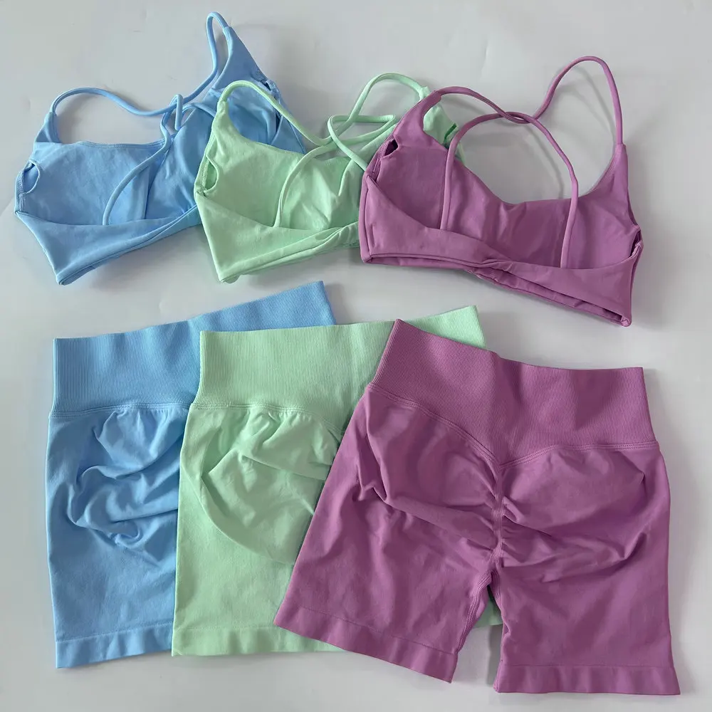 2-teiliges Set Damen-Outfit, nahtloser Yoga-BH mit Riemchen und Twist-Rücken, Scrunch-Shorts, Sportanzug, Fitness- und Gym-Kleidung, Yoga-Set – Detail 9