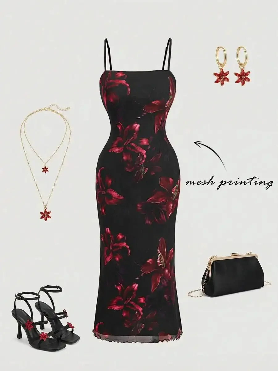 SHEIN MOD Plus Size Elegant Black Burgundy Large Floral Mesh Cami Maxi Dress, Vintage Bodycon Birthday Party Summer Dress For
