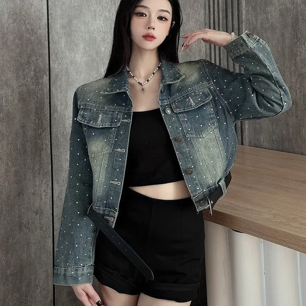 

2025 Bedazzled Denim Jacket, American Vintage Short Cropped Coat with Crystal Embroidery, Statement Piece