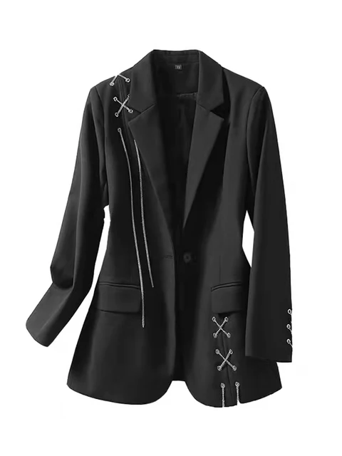 Women Black Chain Buckle Big Size Blazer New Lapel Long Sleeve Loose Fit Jacket Fashion Spring Autumn