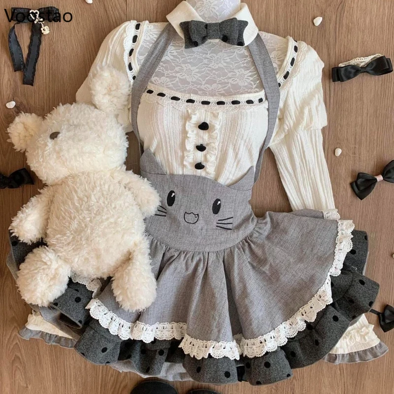 和風スイートロリータスタイル3点セット レディース カワイイブラウストップス フード付きケープコート 漫画風ミニストラップドレス ガールズ Y2K キュートスーツ