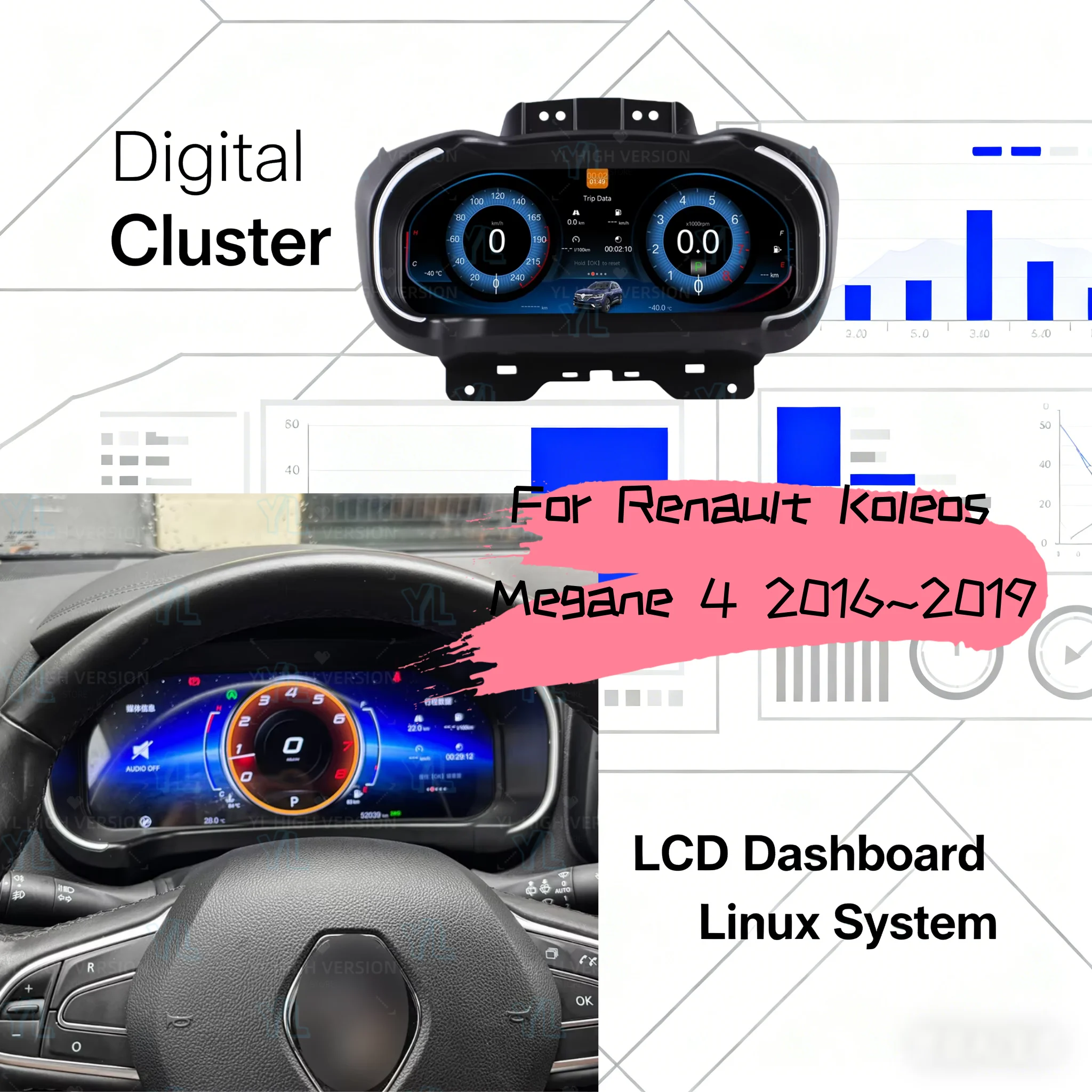 Linux System 12.3 Inch Dashboard For Renault Koleos Megane 4 2016~2019 Panel Speed Meters Digital Cluster Cockpit Virtual Instru