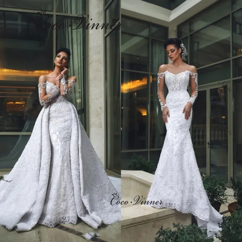 

Customized Arab Luxury Wedding Dresses 2025 Off Shoulder Mermaid Wedding Dress With Detachable Tail 2 in 1 Bridal Gown W1375