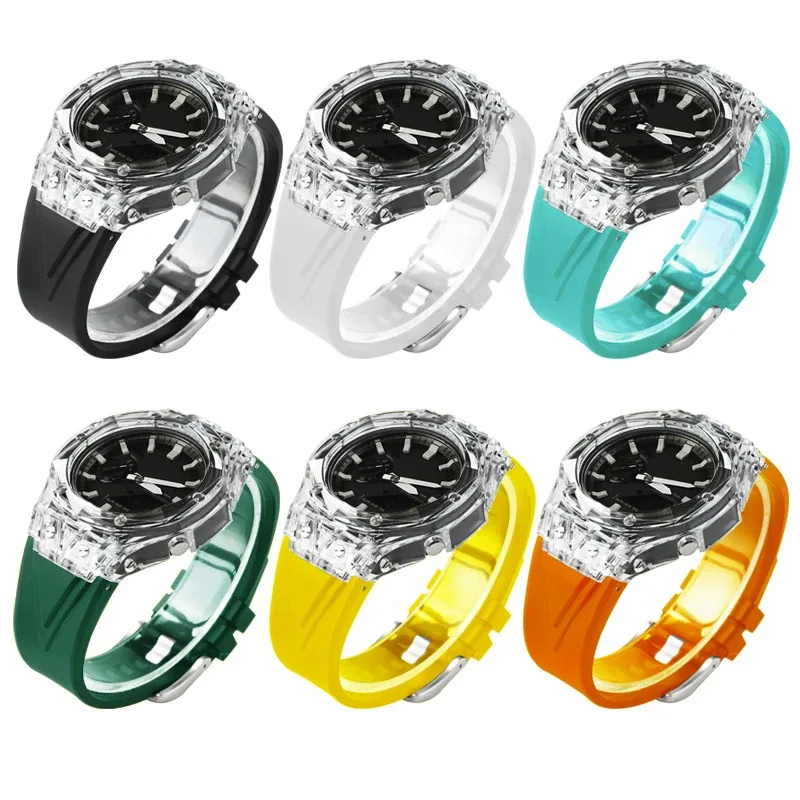 لساعة كاسيو المطاطية GA-2100 GA 2110 Glacier Clear Case-حزام شفاف الحافة أصفر أسود سوار استبدال أجزاء