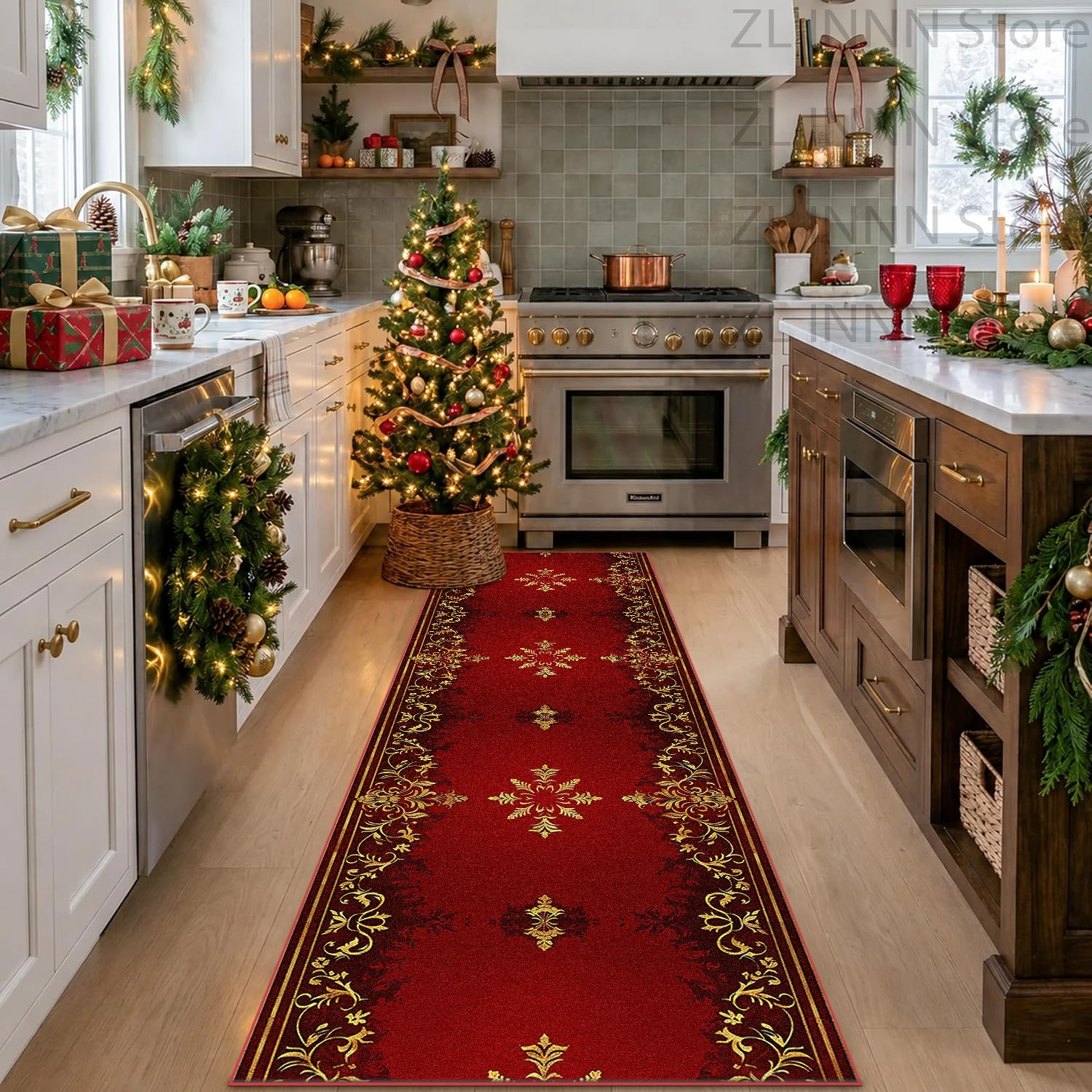 Christmas Retro Style Kitchen Runner Rug Home Decoration Red Living Room Long Corridor Carpets High-footfall Area Non-slip Mat