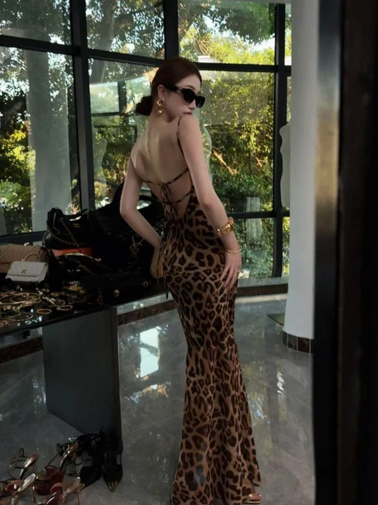 Sexy Spicy Girl Dress Women's Strap Leopard Print Split Long Skirt Island Vacation Atmosphere Sensual Summer Sleeveless Gown
