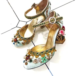 Sweet Flower Carved 6.5cm Cage Heel Sandals Blue Red Black Velvet Ankle Strap Gemstone Pearl Embroidery Mary Janes Wedding Shoes