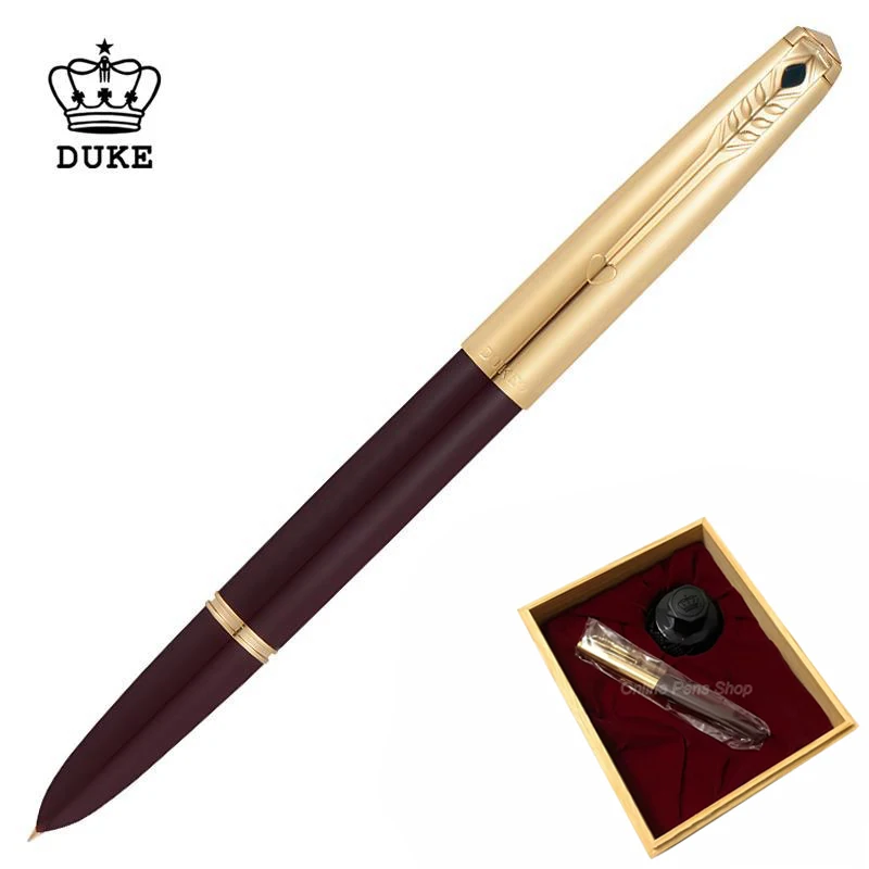 

DUKE 14K Classic Gold Nib Fountain Pen Metal Dark Red Semi-Steel Outstanding Ink Pen E Fine & Bent Nib Calligraphy Writing Pen G