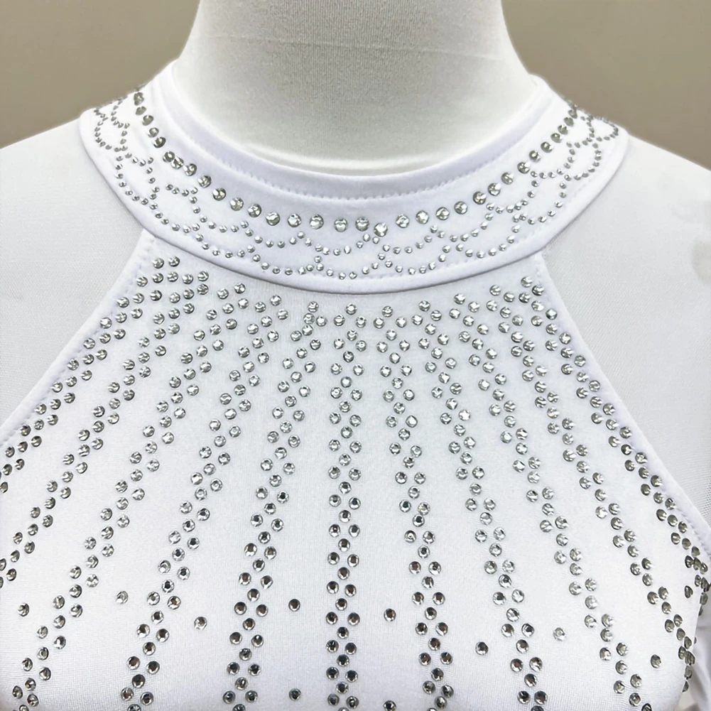 女性用レッドワルツ社交練習ドレス、ストラップ付きアップルグリーンモダンダンス長袖競技用ラインストーン付き新作ドレス