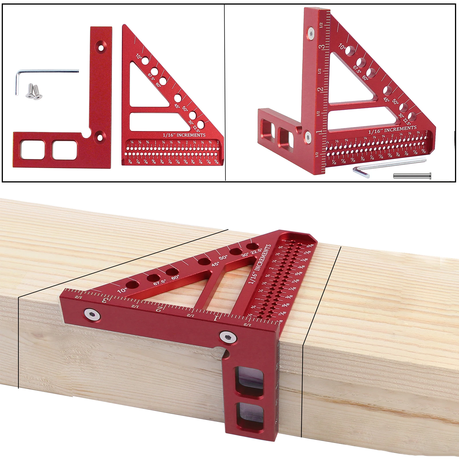 Inch 3D Multi-Angle Miter Triangle Ruler Woodworking Square Protractor Aluminum Miter Triangular Ruler Hole Scribing Measuring