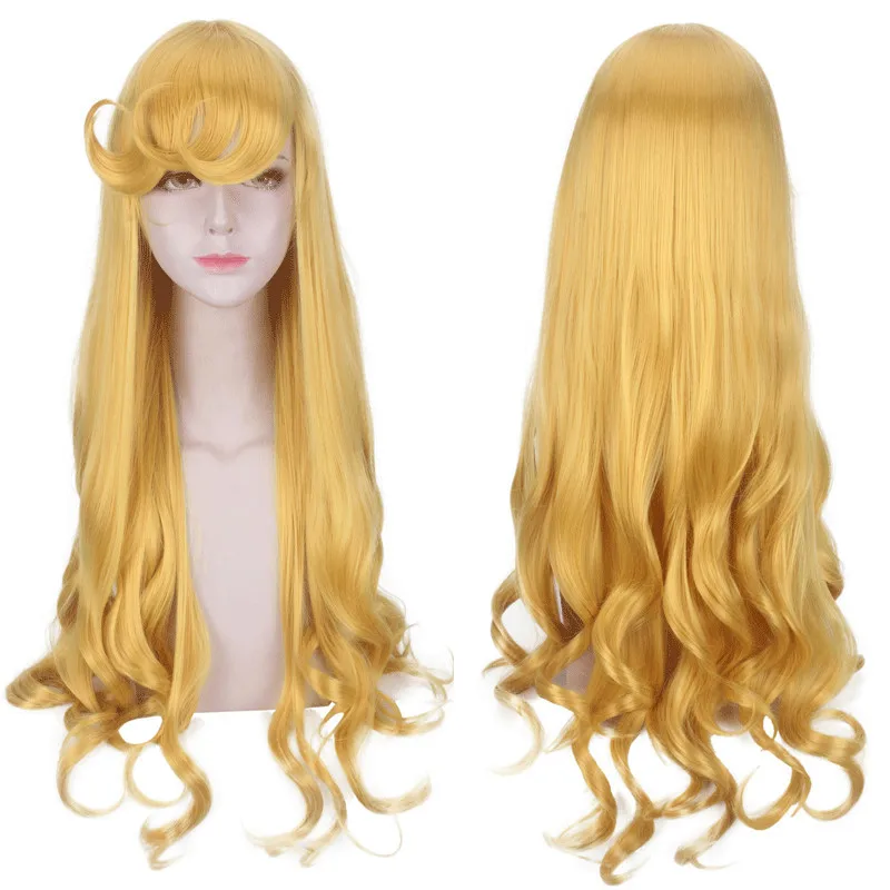 

Princess Aurora cosplay wig Long Golden Wavy Styled Bangs Synthetic Hair Cosplay Costume Wigs with Rose net