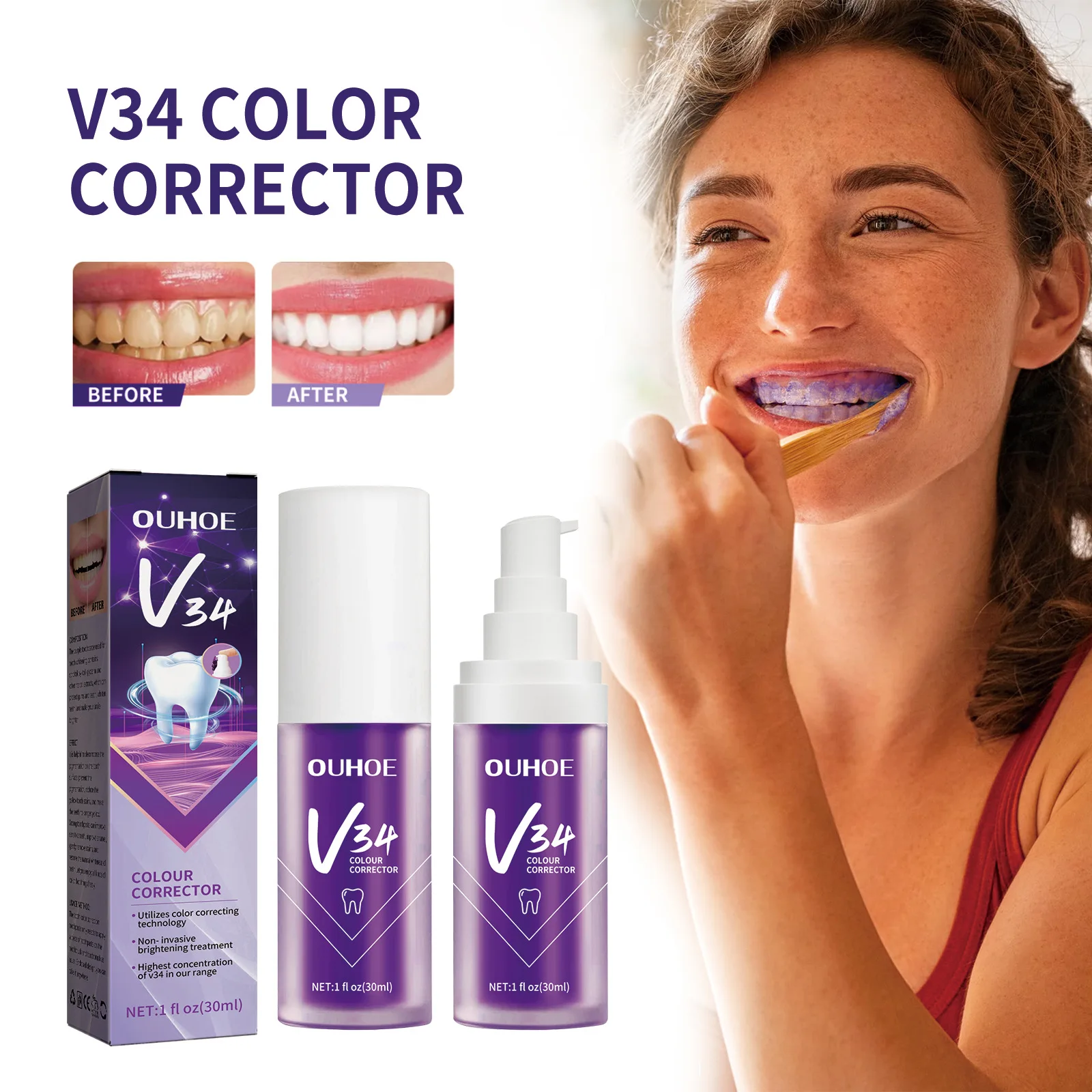 

V34 Purple Whitening Toothpaste Tartar Teeth Yellow Smoke Teeth Repair Teeth Oral Cleaning Dazzling White Toothpaste 30ml