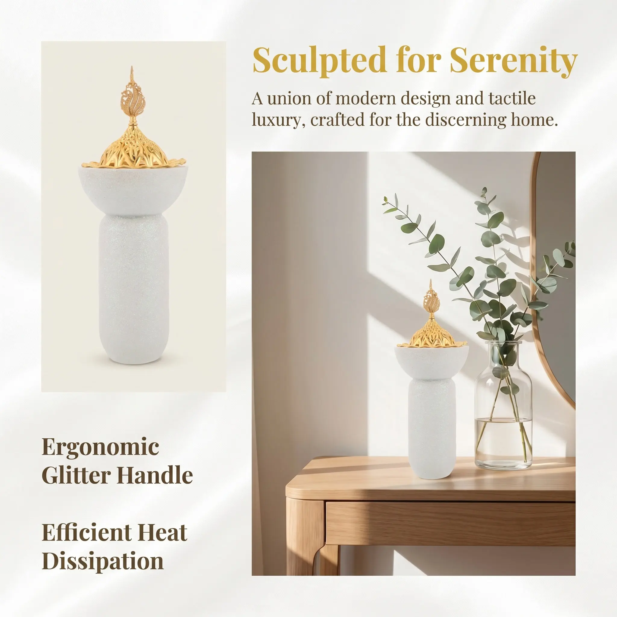Frankincense Resin Incense Burner White Tall Glitter Arabic Bukhoor Holder for Meditation Yoga Spa Aromatherapy Office Home