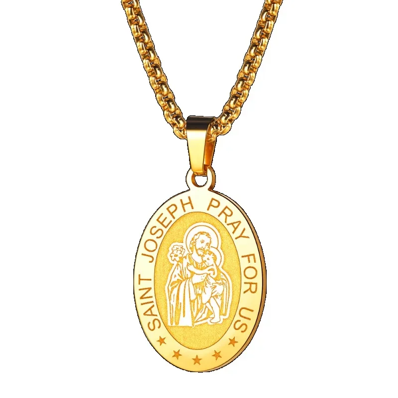 Necklace for Men Boys Stainless Steel Saint Joseph Oval Medal Jewelry Blessings Amulet Necklaces Religious Gifts for Father