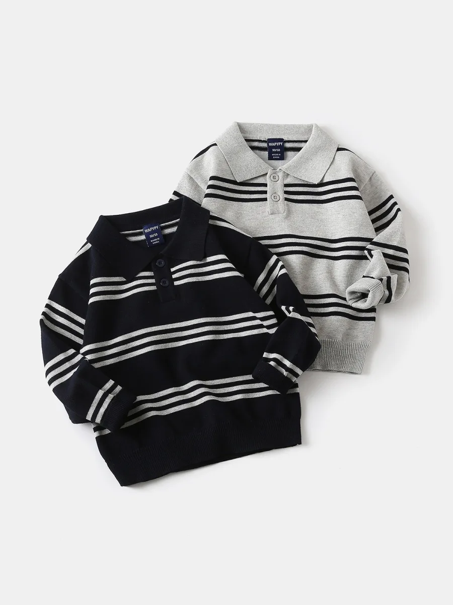 Classic Children‘s Polo Sweater Autumn Long Sleeve Knit Top With Stripe Print Daily Boys Knitted Pullover